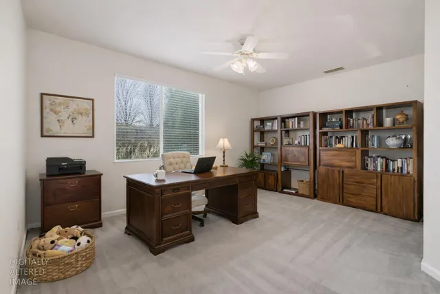 a view of a backyard with plants and a patio