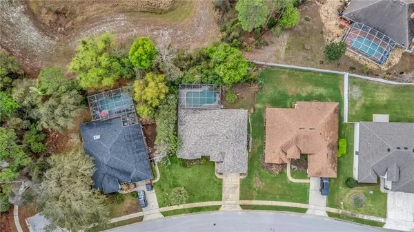 an aerial view of residential houses with outdoor space and trees
