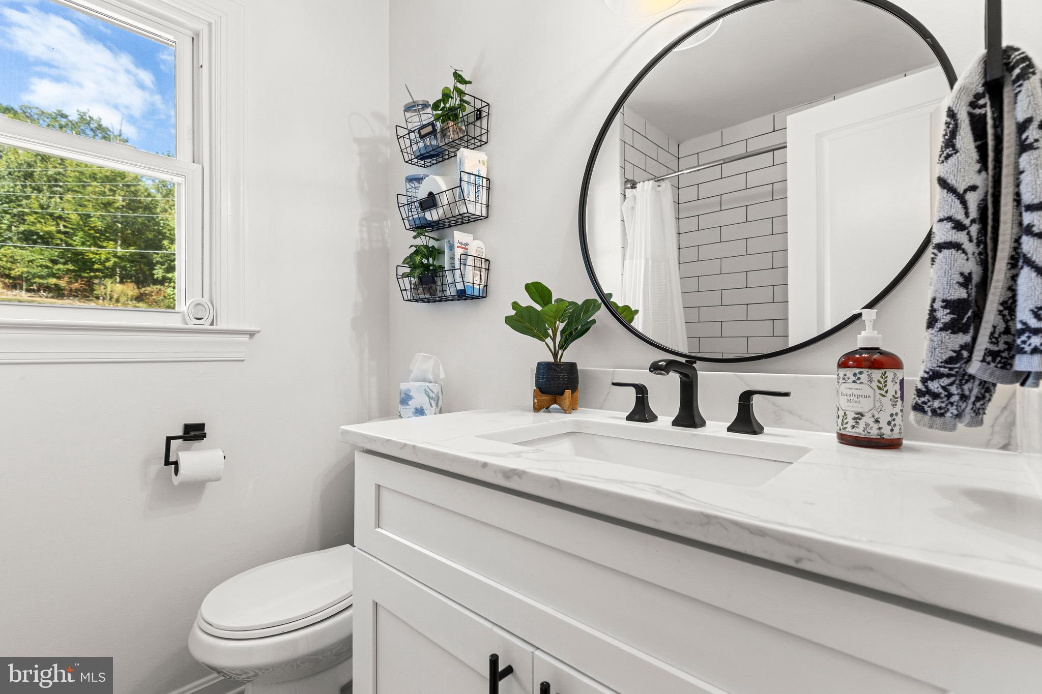 6666 Kelly Road Warrenton, VA 20187 - Photo 16 of 34 a bathroom with a granite countertop sink mirror and toilet