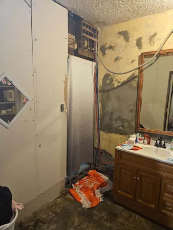 a bathroom with a sink and a mirror