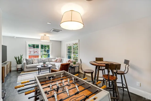 a bath tub sitting in front of a bathroom