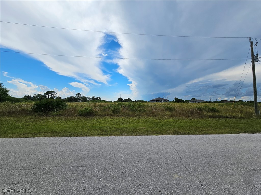 a view of a grassy field with mountains in the background