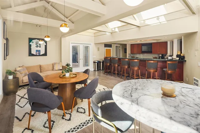 a view of a dining room with furniture