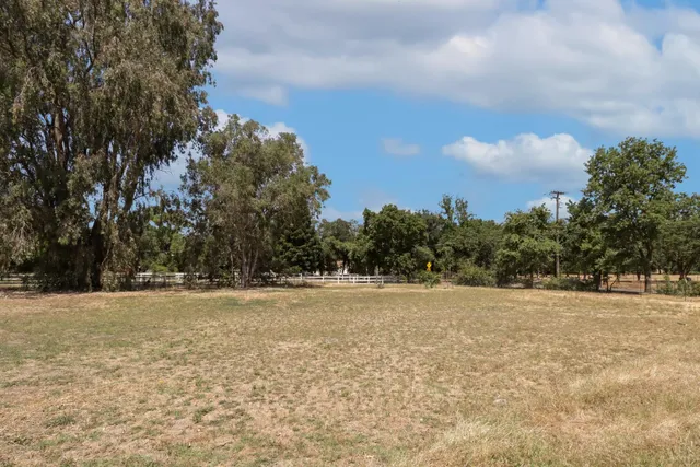 a view of empty field with trees in the background