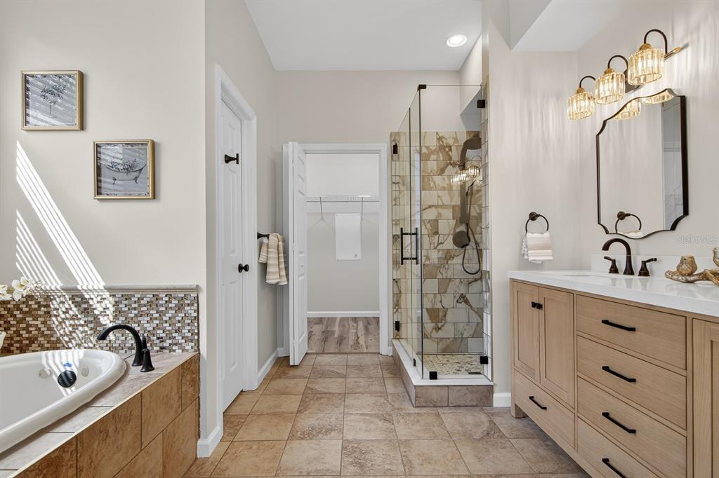 6002 Martinglade Place Lithia, FL 33547 - Photo 8 of 62 a bathroom with a double vanity sink a large mirror a bathtub and shower