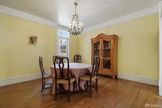 a view of a dining room with furniture and window
