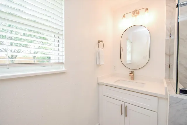 a bathroom with a sink and a mirror