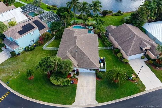 an aerial view of a house with garden