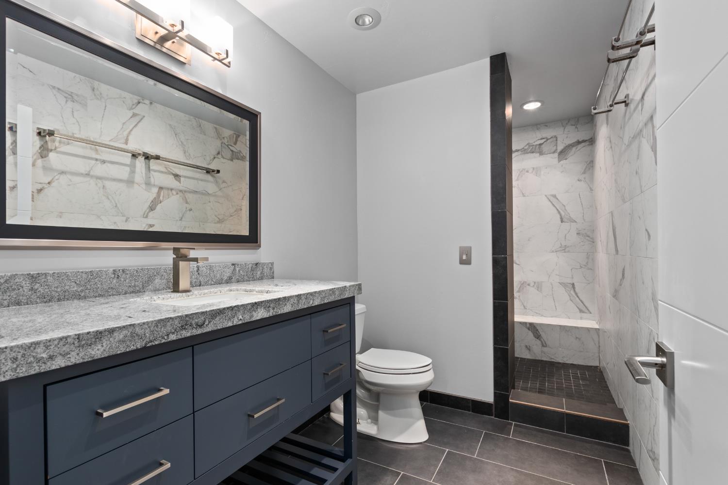 12100 Horseshoe Road Oakdale, CA 95361 - Photo 50 of 77 a bathroom with a granite countertop sink a toilet and a shower