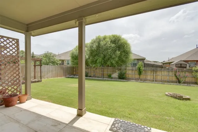 a view of a garden with a large tree