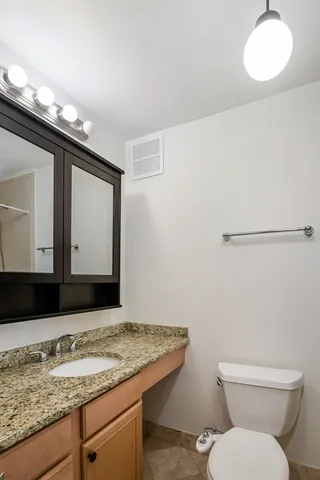 a bathroom with a granite countertop sink and a toilet