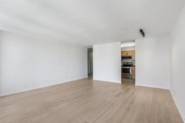 a view of empty room with wooden floor