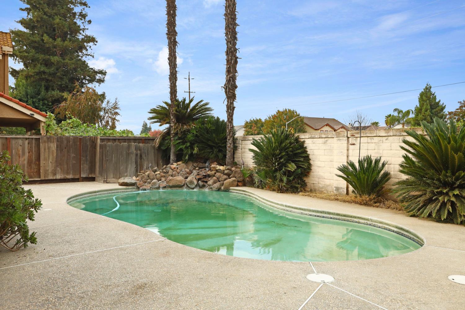 1725 Mark Mead Lane Modesto, CA 95356 - Photo 42 of 52 a view of a backyard with a fountain plants and palm tree