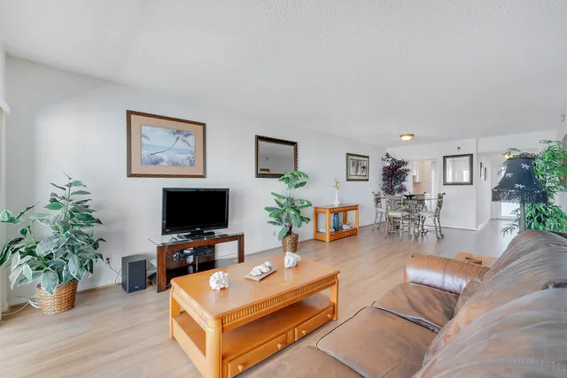 a living room with furniture a flat screen tv and a potted plant