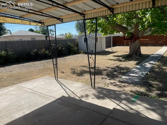 a backyard of a house with a tree