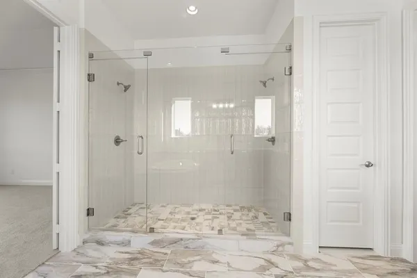 a bathroom with a shower and a sink