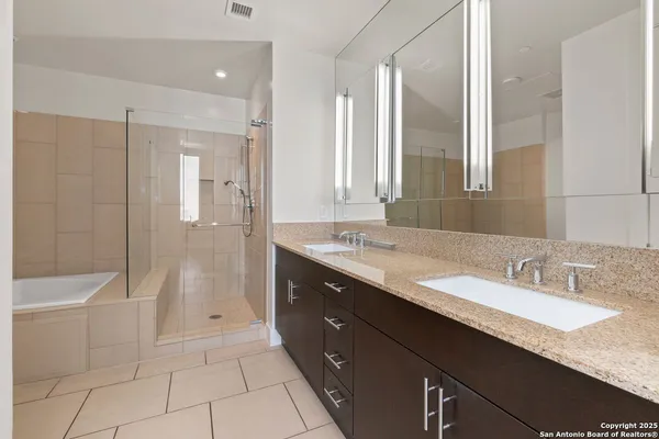 a bathroom with a granite countertop sink mirror and a shower