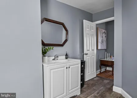 a bathroom with a sink and a mirror