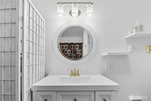 a bathroom with a sink a mirror and a shower