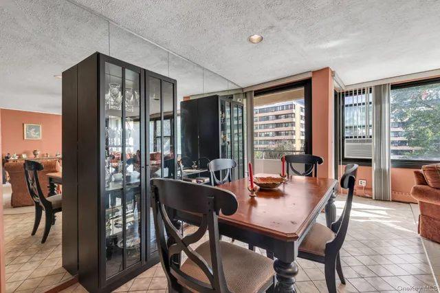 a view of a dining room with furniture window and outside view