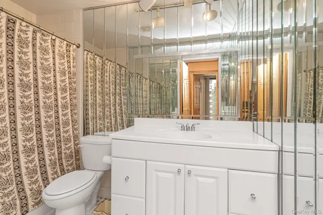 a bathroom with a sink a toilet and shower curtain