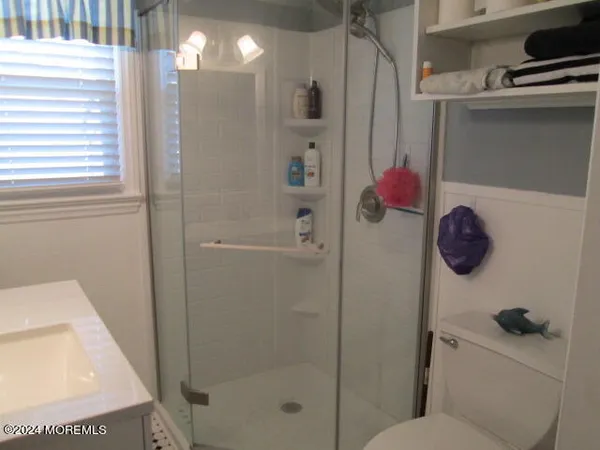 a bathroom with a shower and a toilet