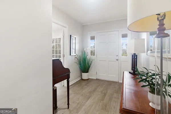 a living room with furniture and a potted plant