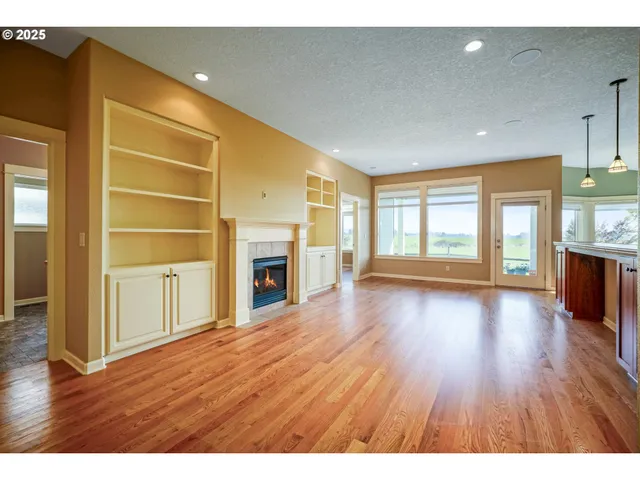 a view interior of the house with wooden floor and fireplace