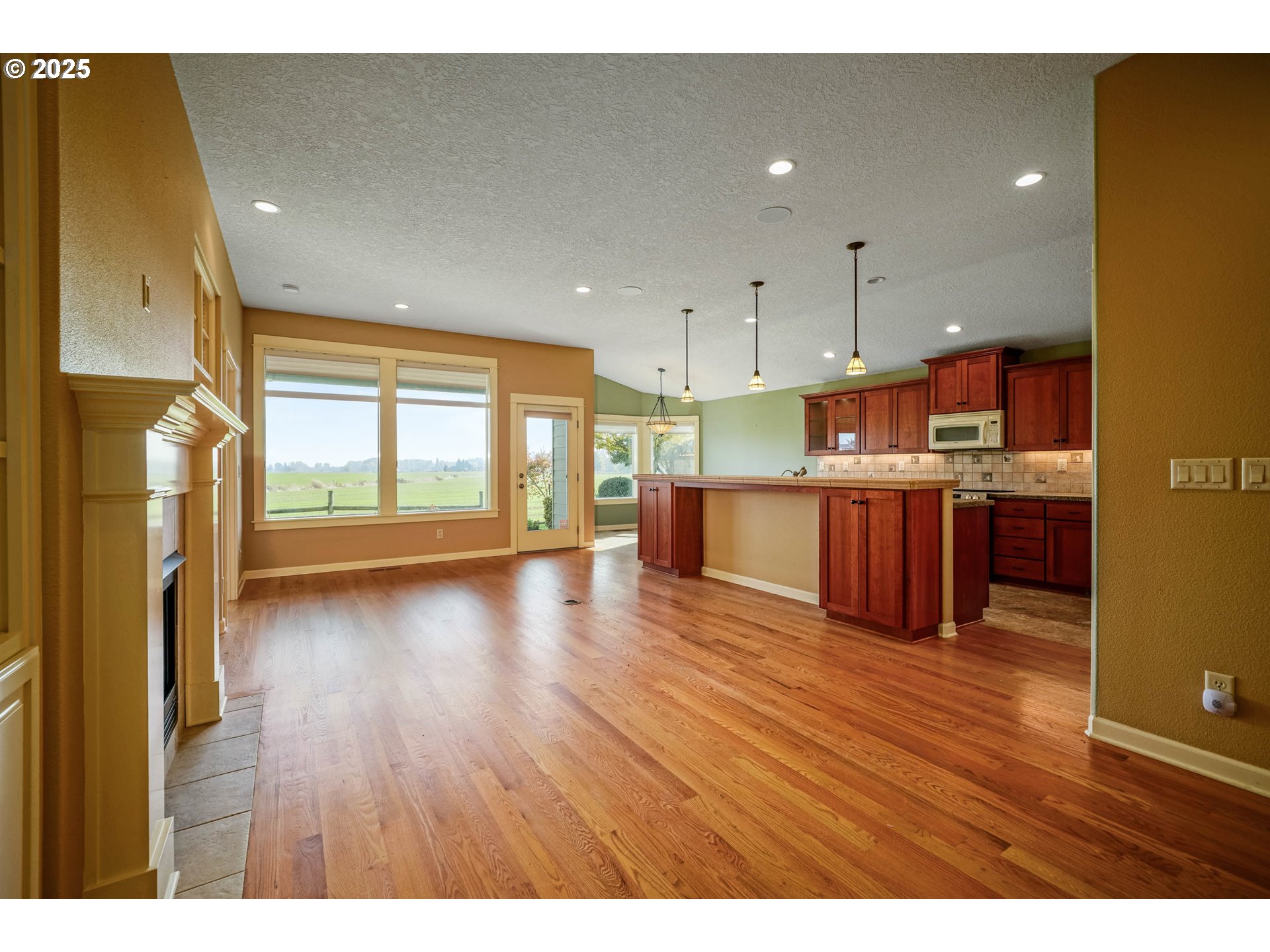 736 Southeast St Andrews Lane Dallas, OR 97338 - Photo 17 of 35 a open kitchen with stainless steel appliances granite countertop a stove top oven a sink dishwasher and a fireplace with wooden floor
