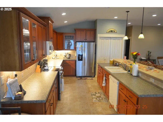 a kitchen with stainless steel appliances granite countertop a sink refrigerator and cabinets