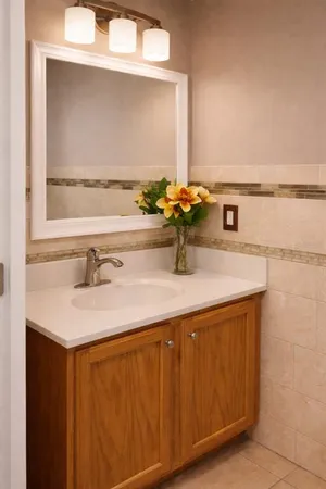 a bathroom with a sink and a mirror