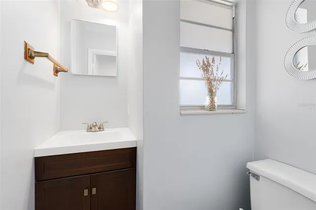 a bathroom with a sink vanity and a toilet