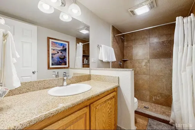 a bathroom with a granite countertop sink a mirror and a shower