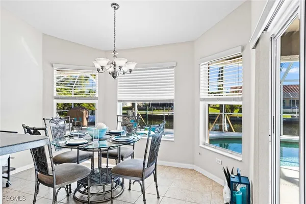 a view of a dining room with furniture window and outside view