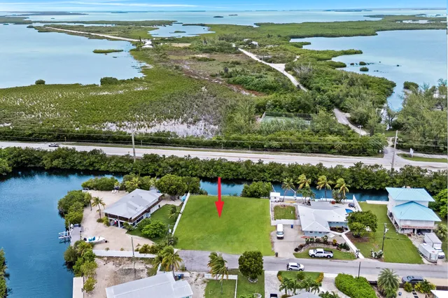 an aerial view of residential houses with outdoor space and lake view