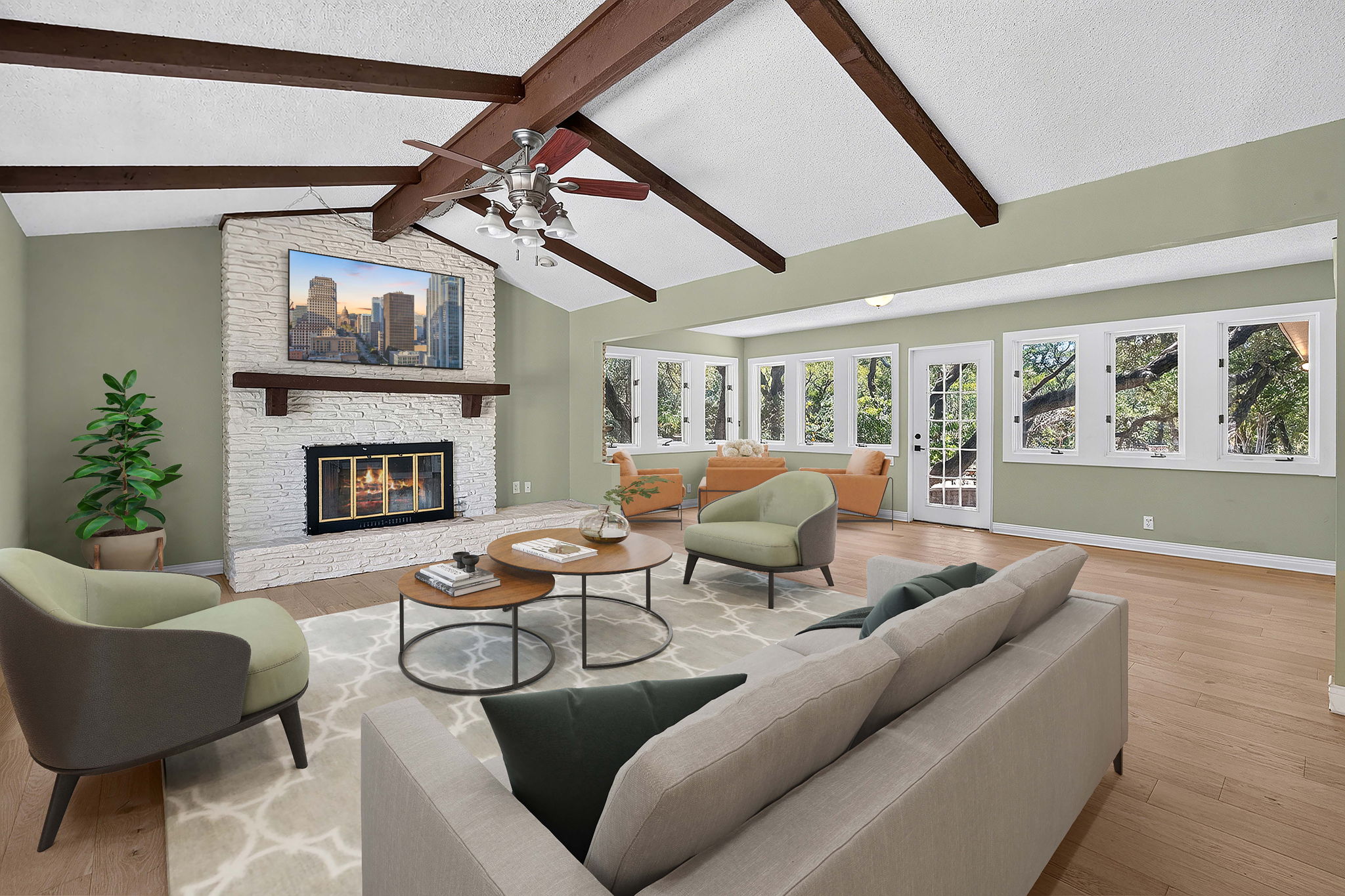 3809 Wyldwood Road Austin, TX 78739 - Photo 7 of 40 Exposed wood beams and a white stone fireplace define this comfortable living space.