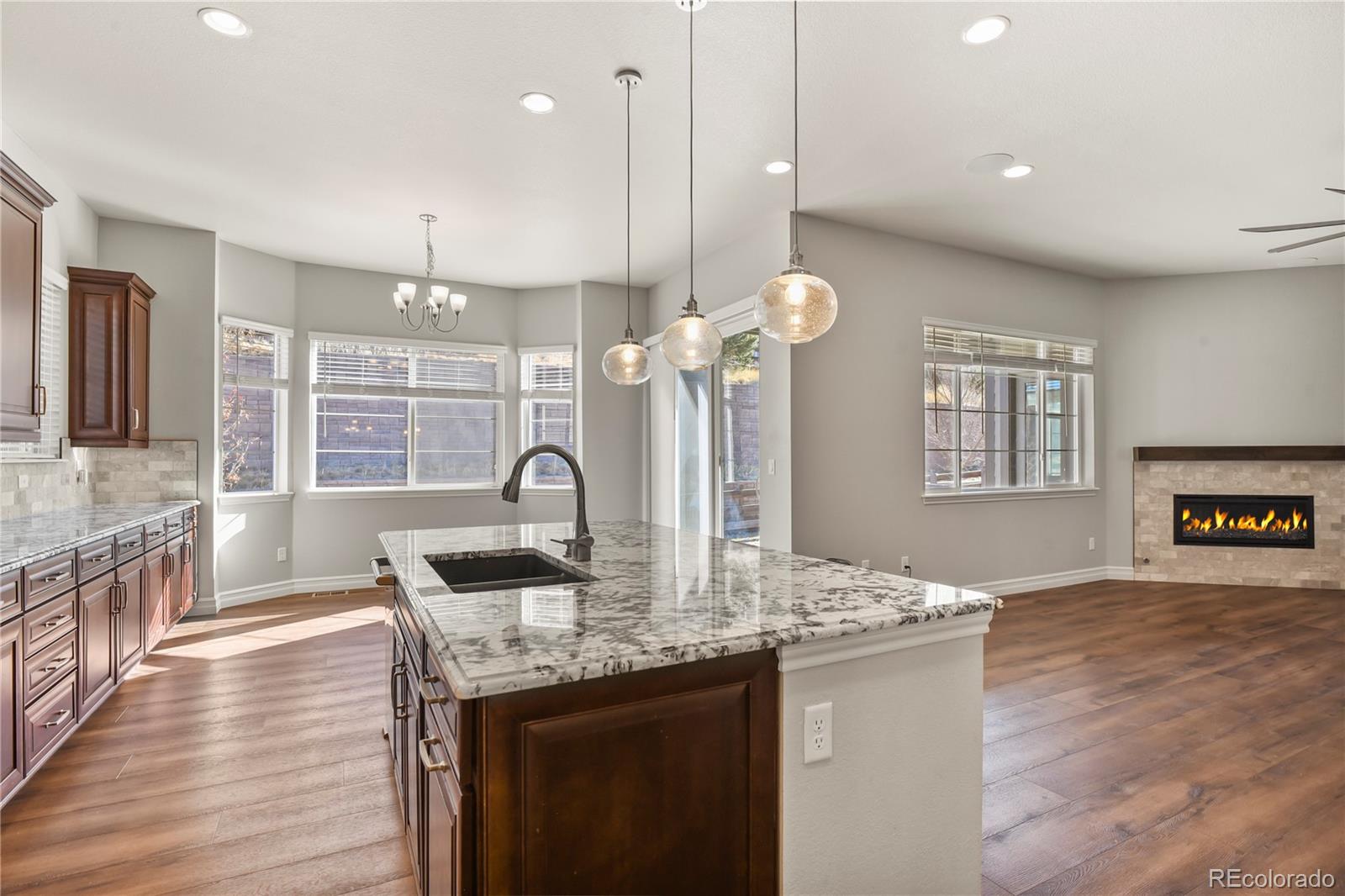 12938 Bridge View Lane Parker, CO 80134 - Photo 16 of 47 a kitchen with stainless steel appliances granite countertop a stove a sink a oven a dining table and chairs with wooden floor