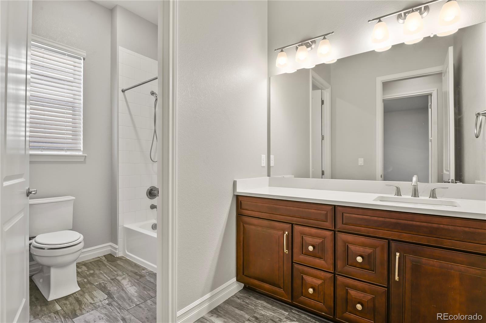 12938 Bridge View Lane Parker, CO 80134 - Photo 30 of 47 a bathroom with a granite countertop sink a toilet and a mirror