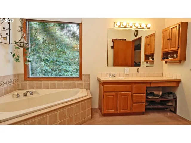 a bathroom with a tub sink and mirror