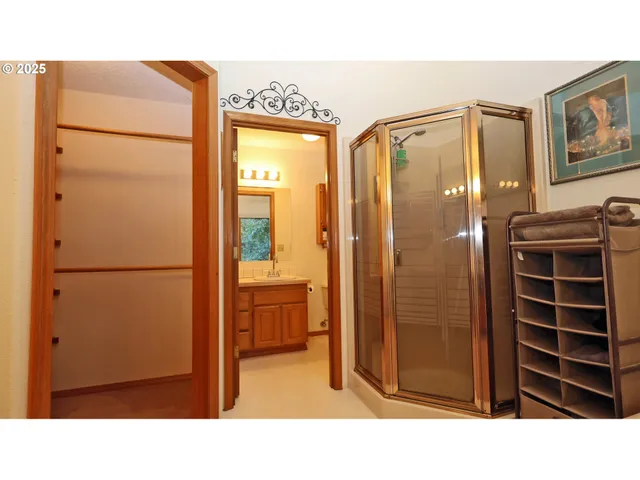 a bathroom with a shower a sink and a mirror