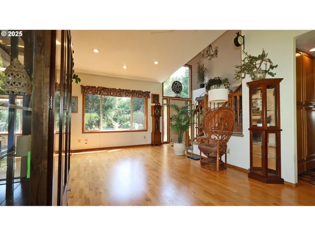a upper view of a living room and dining room