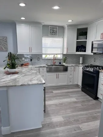 a kitchen with stainless steel appliances granite countertop a stove a sink and a microwave
