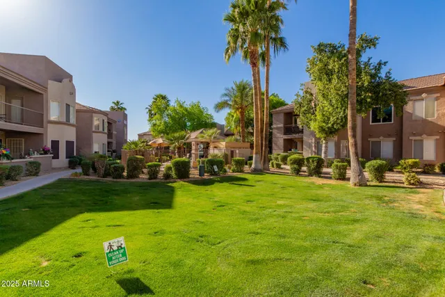 a view of a big yard with a house in the background