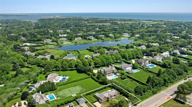 an aerial view of residential houses with outdoor space and trees