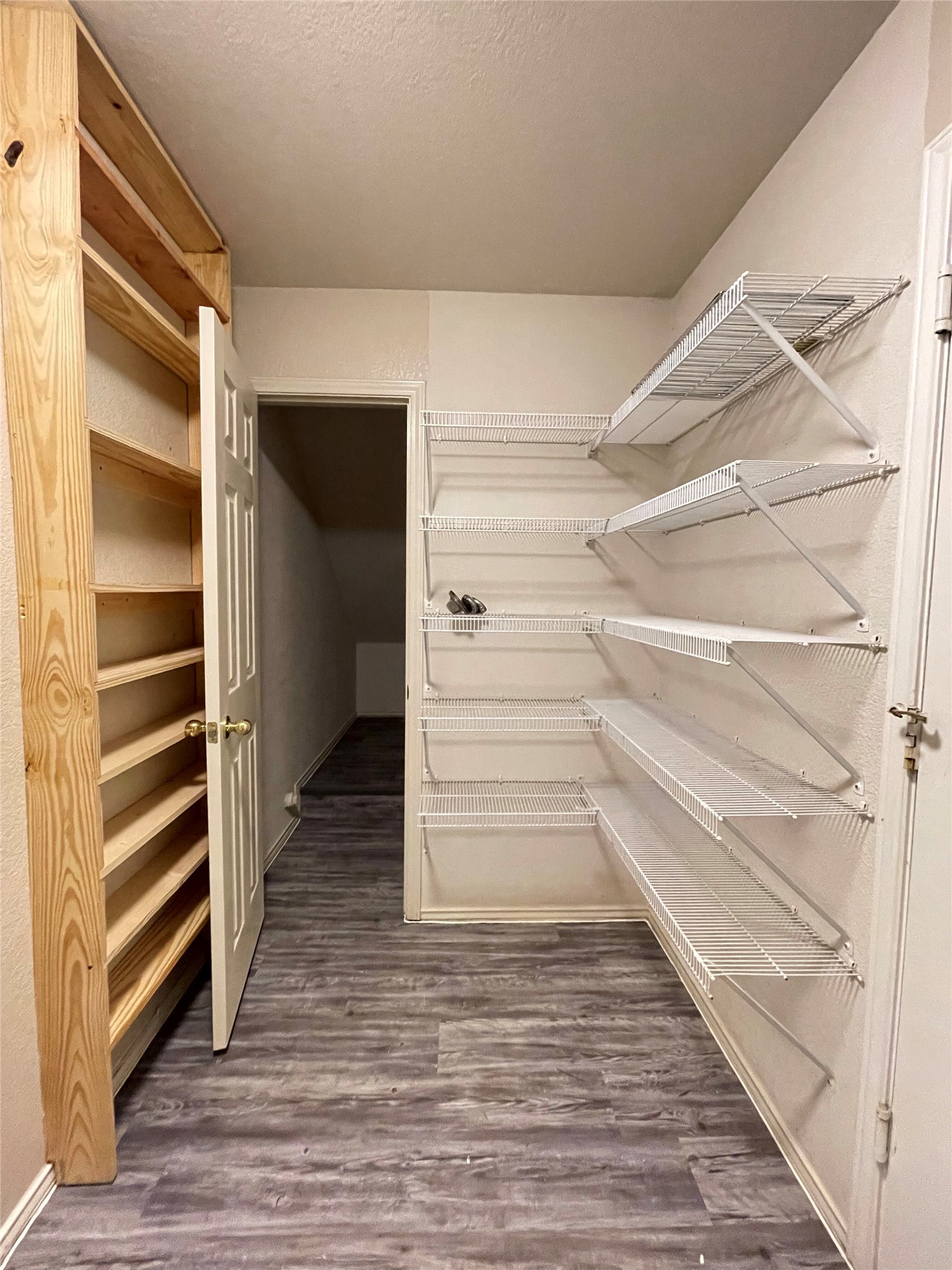 3638 Windhill Loop Round Rock, TX 78681 - Photo 15 of 32 Utility space featuring wood-finish flooring, built-in wooden shelving, and wall-mounted wire shelving units
