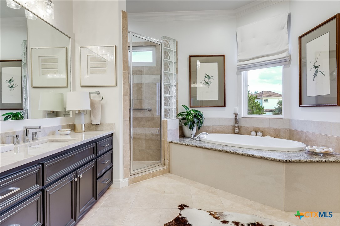 1307 Osprey Ridge Loop Lago Vista, TX 78645 - Photo 16 of 40 a bathroom with a granite countertop sink mirror and a