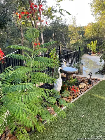 a garden with flowers and a tree