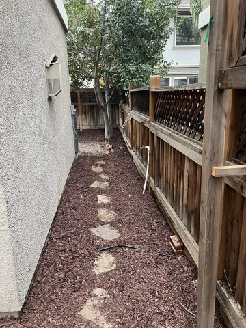 a view of a backyard with a tree