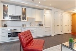22 Liberty Drive, Unit 5L Boston, MA 02210 - Photo 5 of 17 a kitchen with stainless steel appliances granite countertop a refrigerator a sink dishwasher and white cabinets with wooden floor