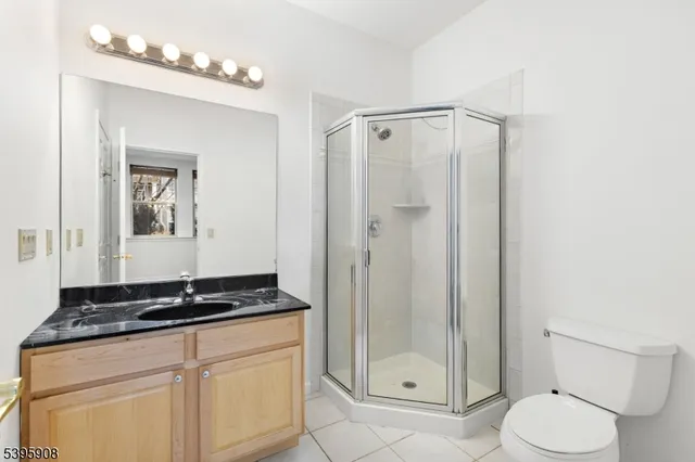 a bathroom with a granite countertop sink a toilet a mirror and shower
